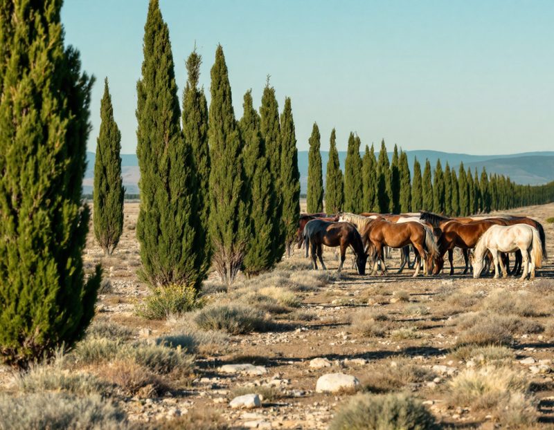 Chevaux dans la plaine caillouteuse de la Crau, haies de cyprès coupe-vent