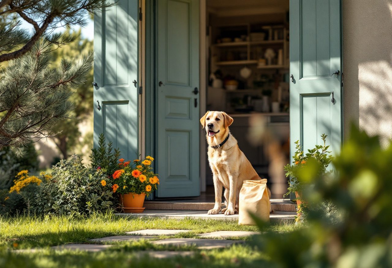 Jeune labrador devant la porte d'une maison avec jardin et pins, un sac de croquettes sur le seuil